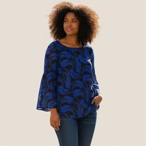 Vintage Studio I Women Top Blue Paisley Bell Sleeve Sz 14 Retro Boho Blouse Chic